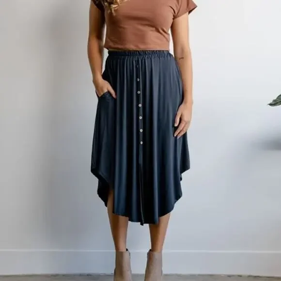 Sozy Gwendolyn Graphite Gray Chic Soft Modal Midi Skirt with Pockets Size S - Picture 1 of 8